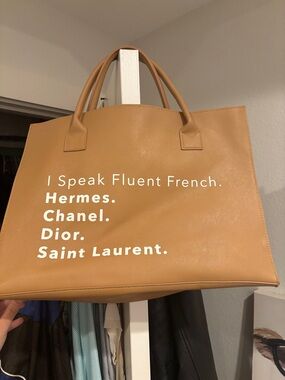 Tan Statement Tote Bag with White Text